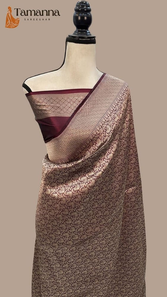 Brown Banarasi silk saree with textured gold motifs and dark maroon border pallu