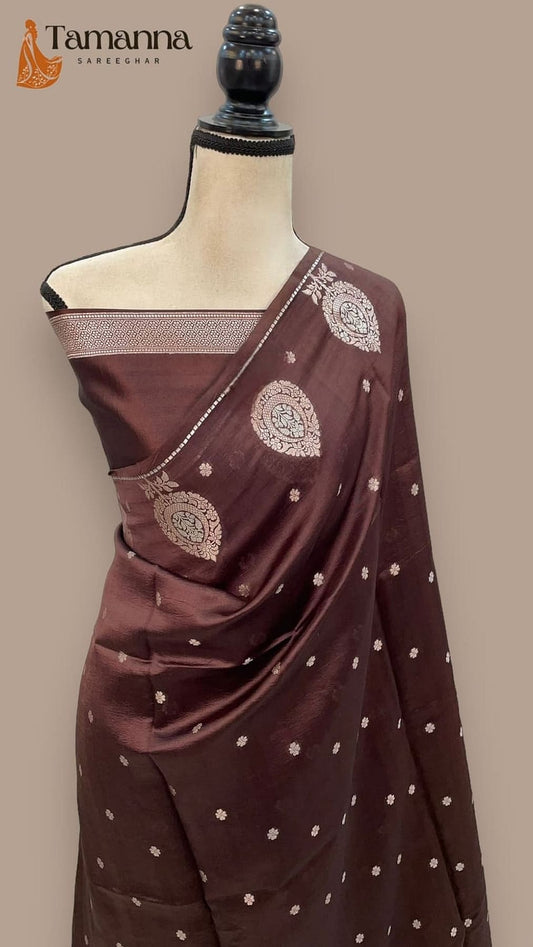 Draped mango silk Banarasi handloom saree in dark brown with circular buti motifs