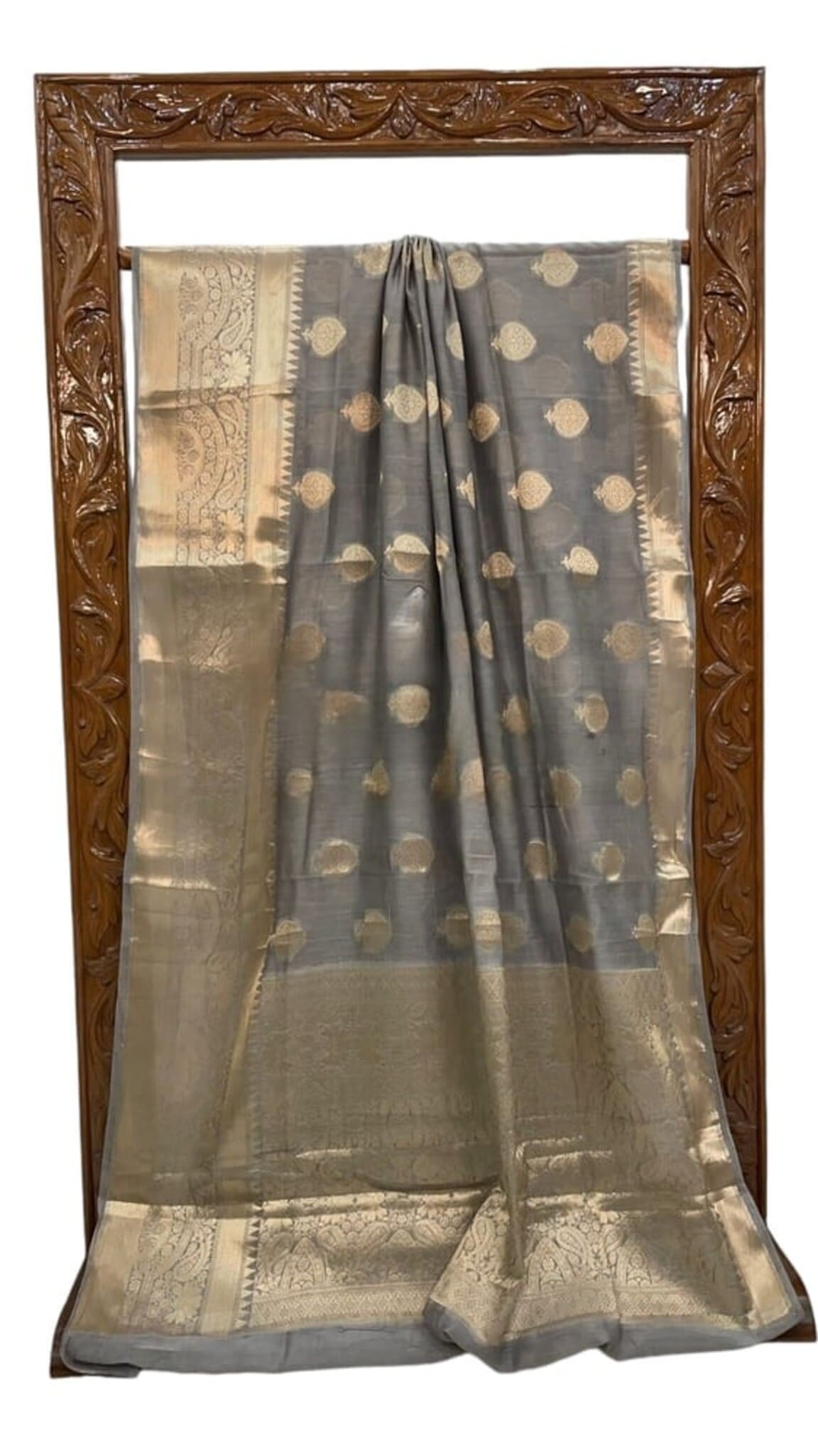 Carbon gray cotton saree with gold pallu panel and scattered dot motifs