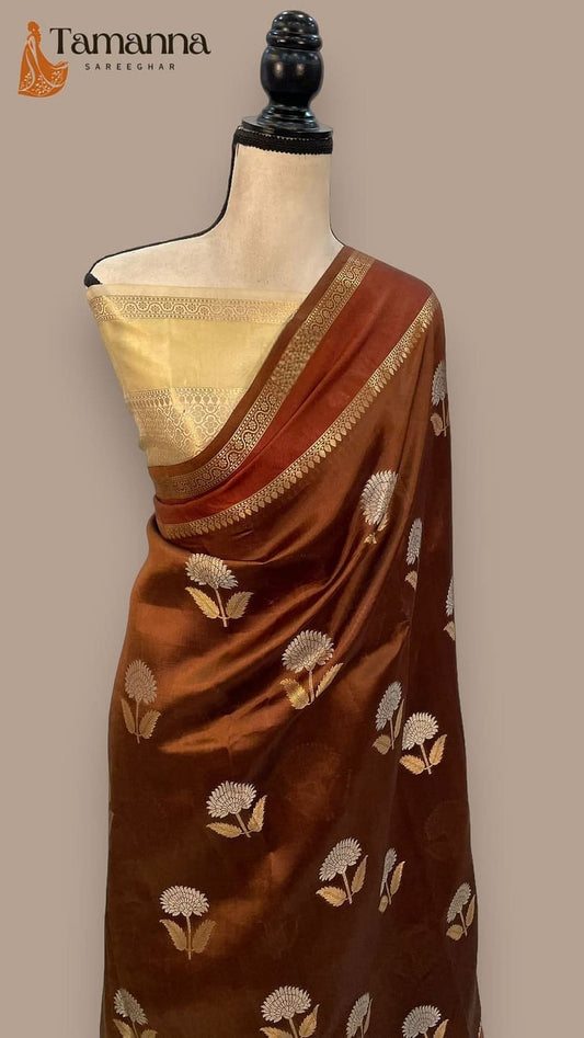 Chocolate-brown silk saree with gold-trimmed border and small floral buttas on pallu