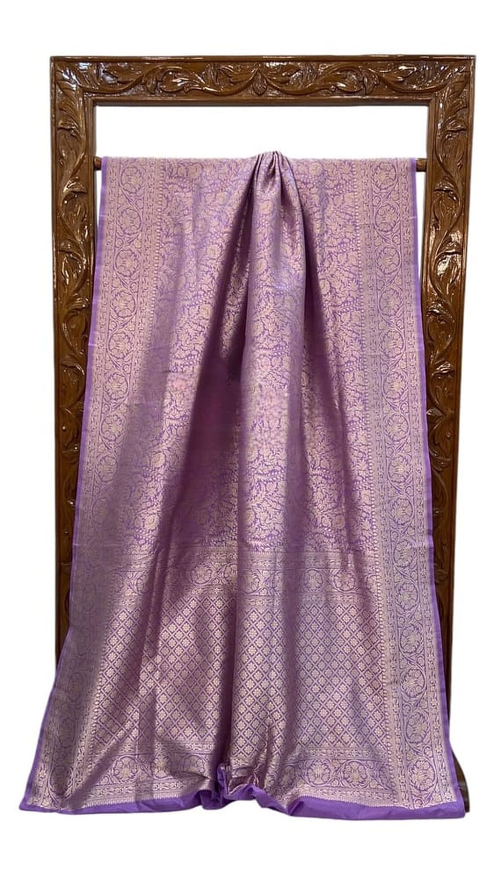 Violet Banarasi silk saree with gold-tone brocade pattern, ruched pallu and border