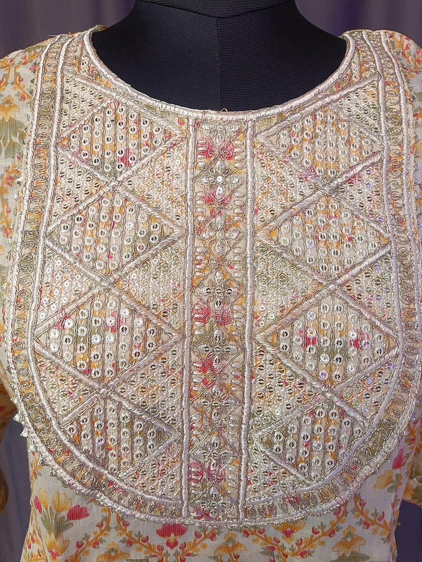 Embroidered cotton kurta bodice with diamond patch motifs, multicolor trim, round neck