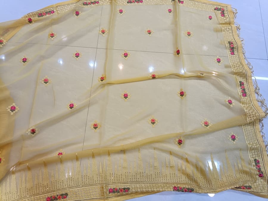 Cream chiffon saree close-up with resham floral dots and gold-tone border trim