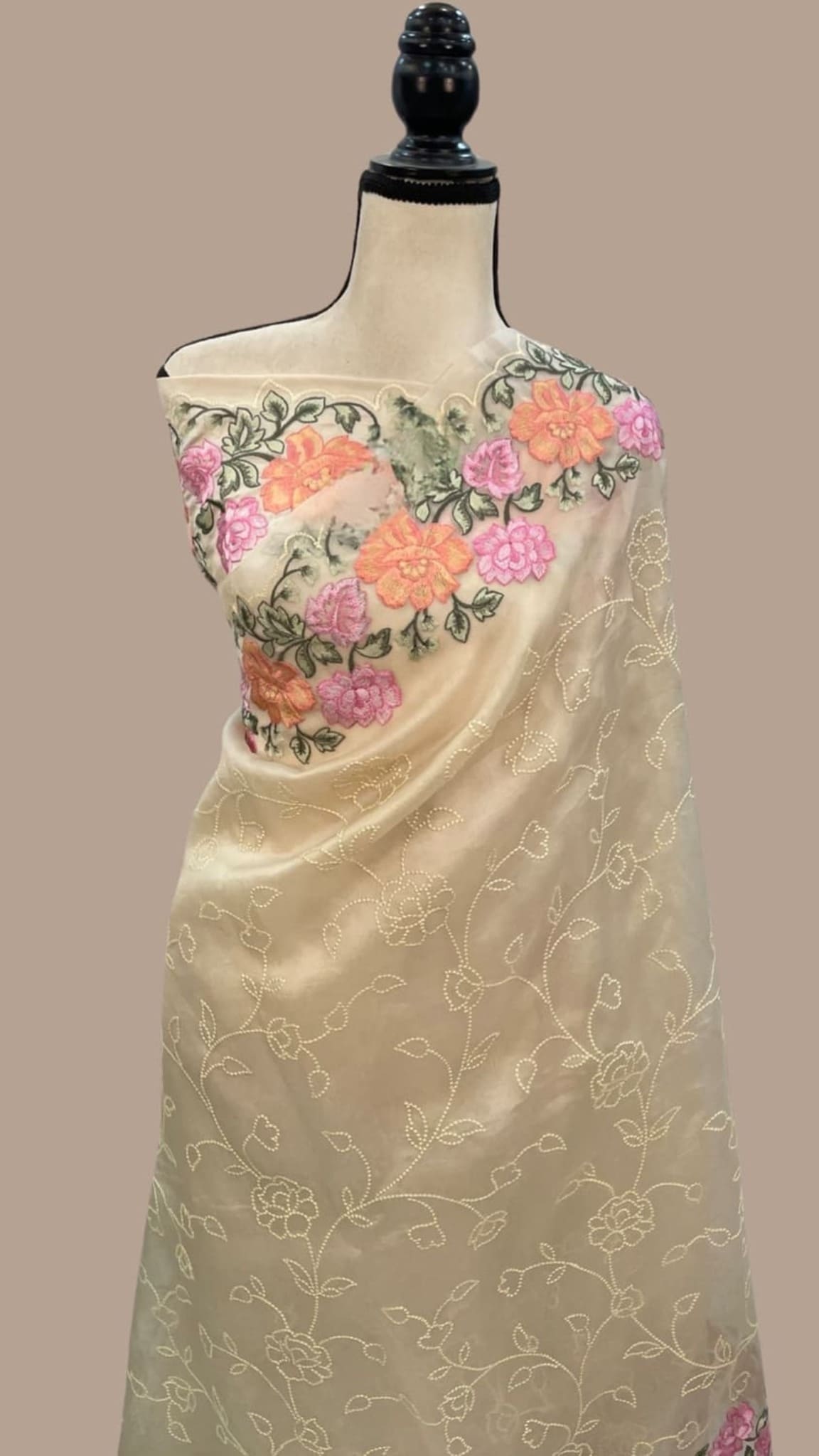 Cream organza saree with multi-color floral chikankari border and vine embroidery