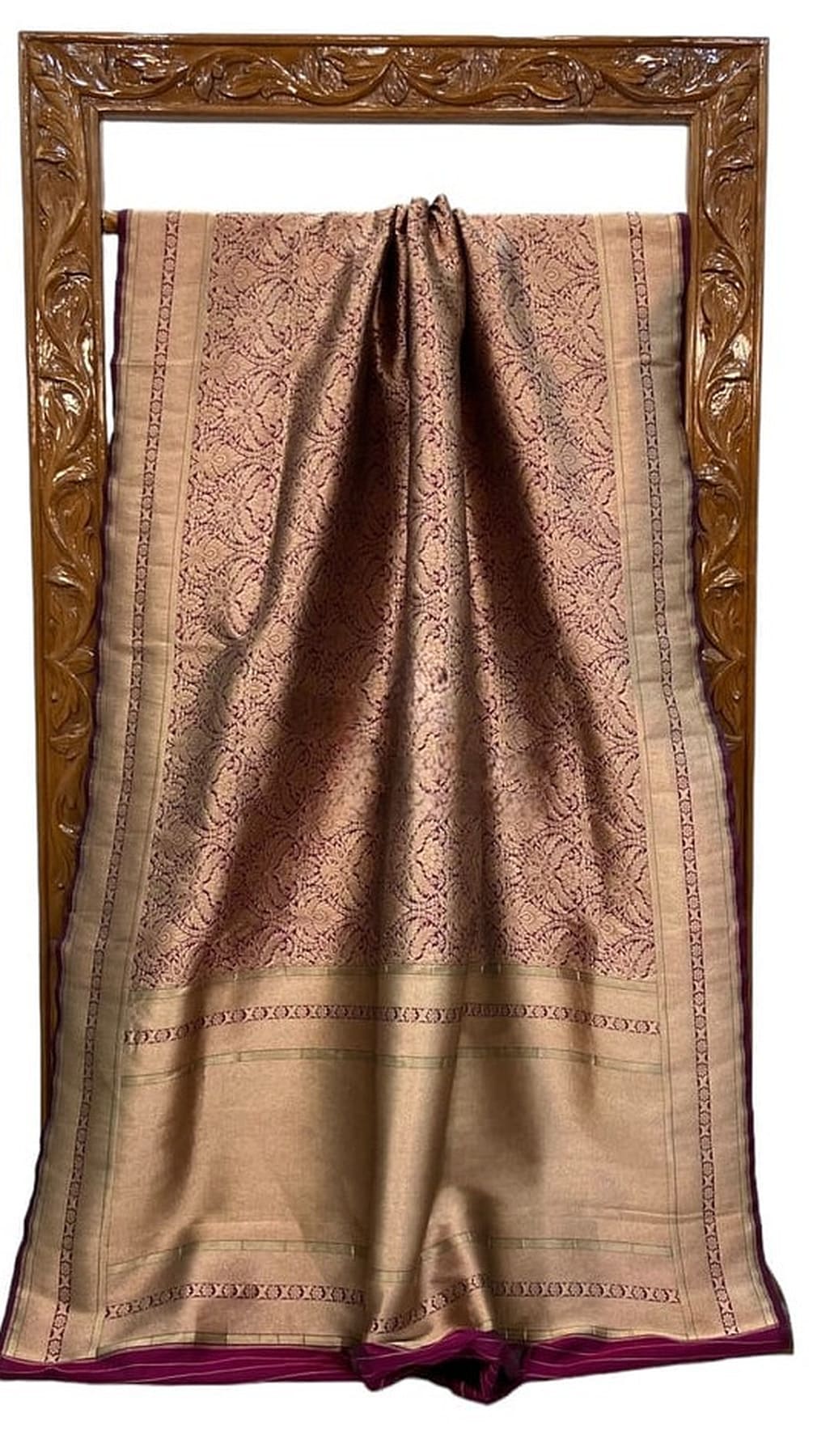 Banarasi silk saree with pleated fall, pink-gold zari border and textured motifs