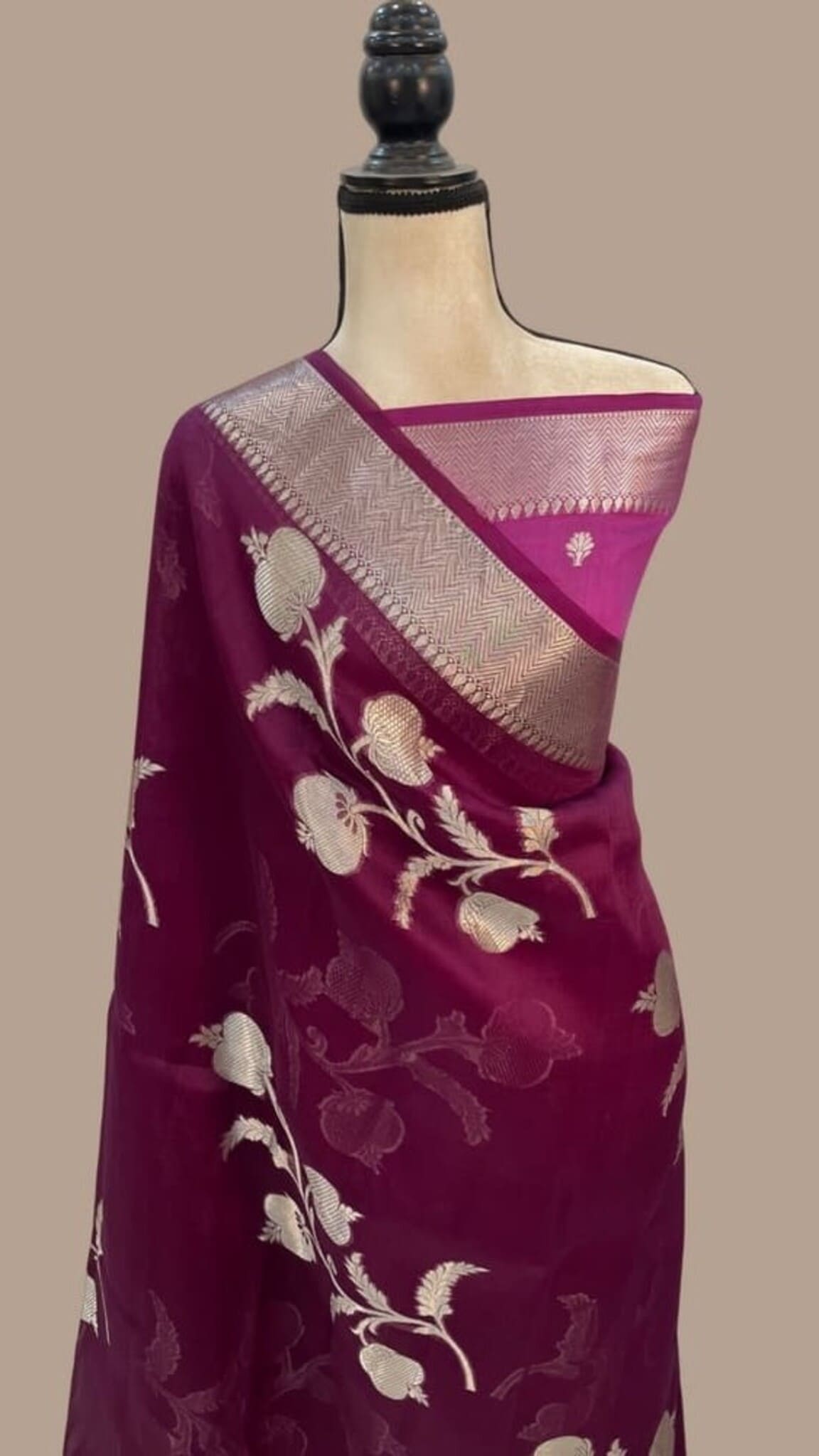 Dark purple Banarasi saree with silver zari border and gold vine motifs
