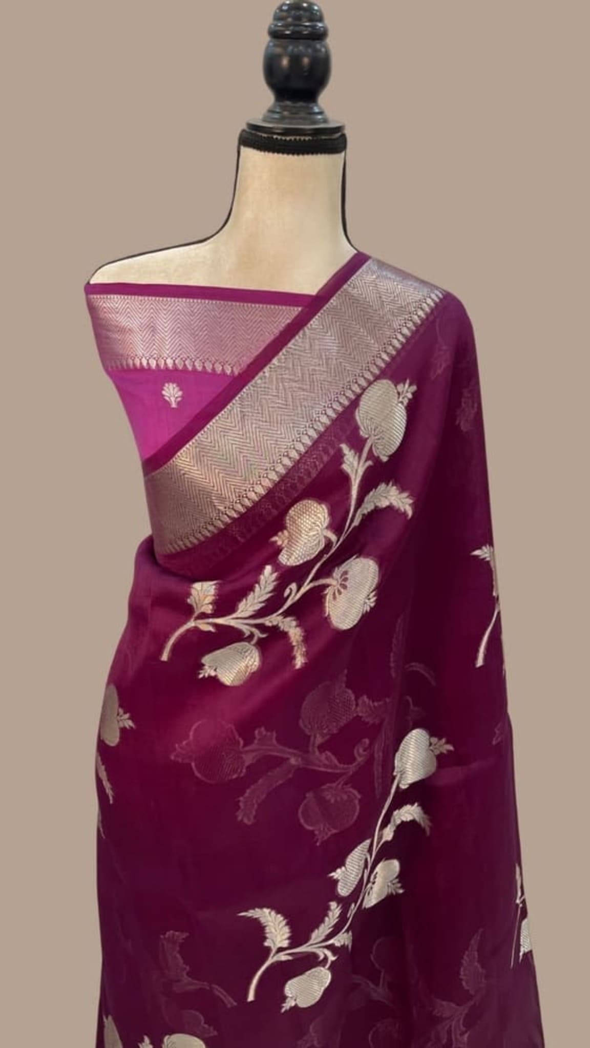 Dark purple Banarasi silk saree with silver zari pallu and gold leaf motifs