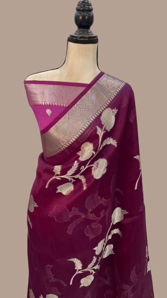 Dark purple Banarasi silk saree with silver zari pallu and gold leaf motifs