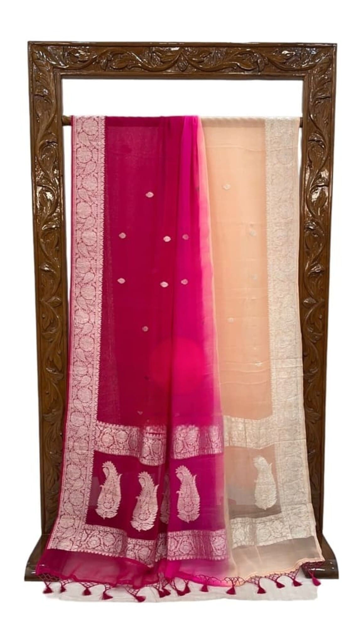 Khaddi georgette Banarasi saree draped, magenta center with cream-beige panels and zari border
