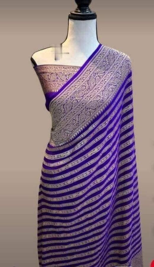 Blue and purple striped silk Banarasi saree with woven border