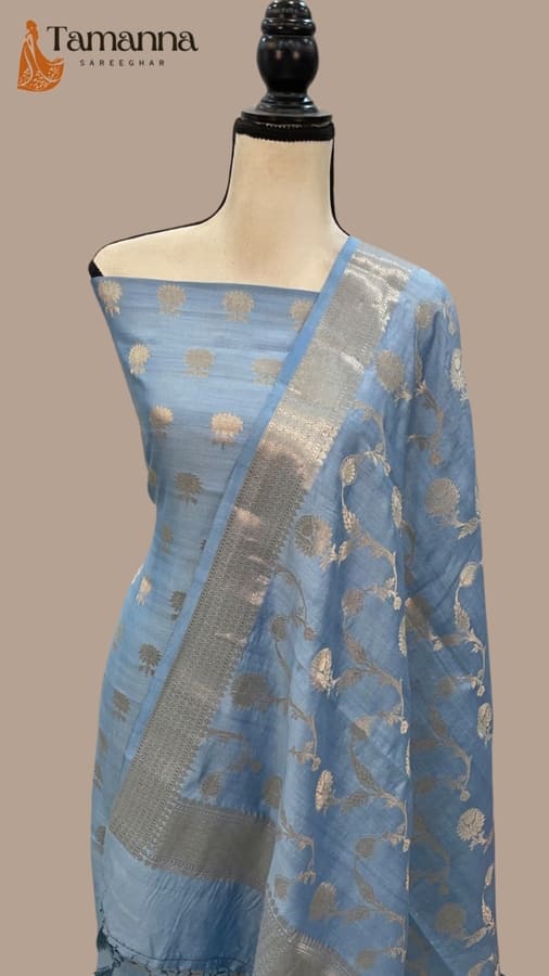 Turquoise Blue Pure Chiniya Silk Handloom Banarasi Dress Material