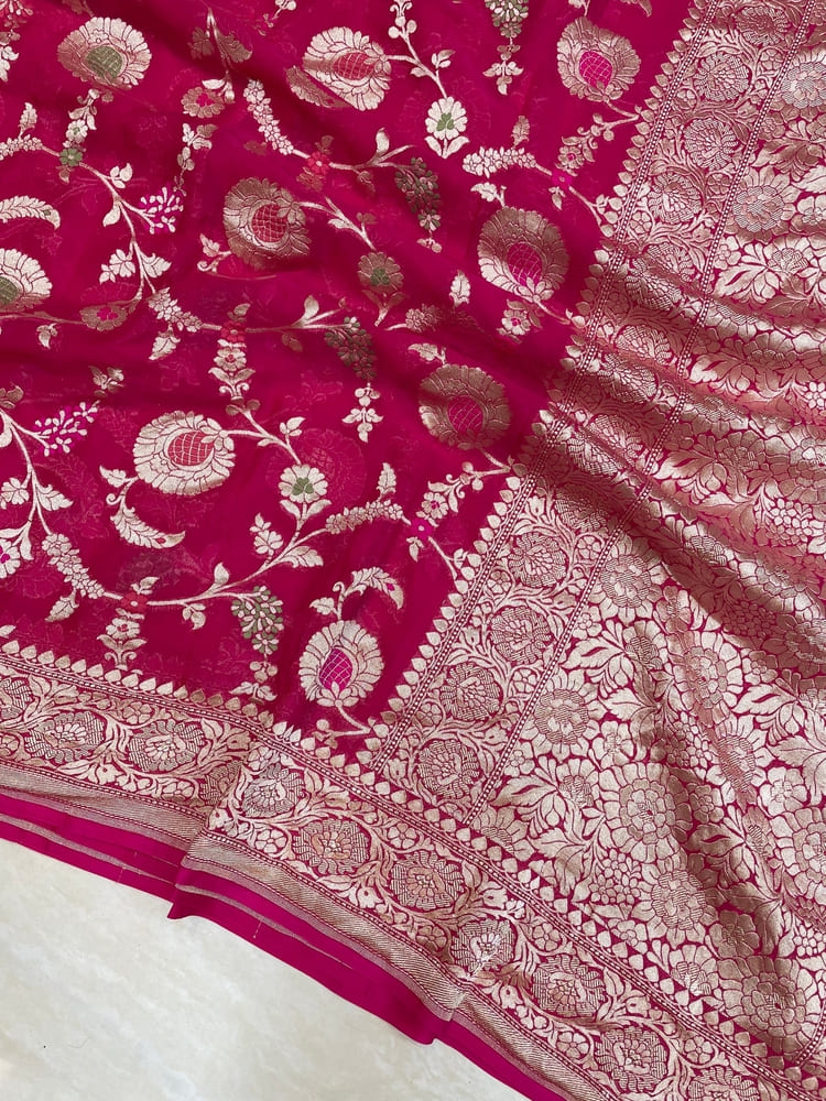Hot Pink Khaddi Georgette Handloom Saree- All Over Jaal Work Meenakari