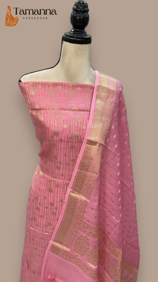 Pink Pure Chanderi Cotton Banarasi Dress Material