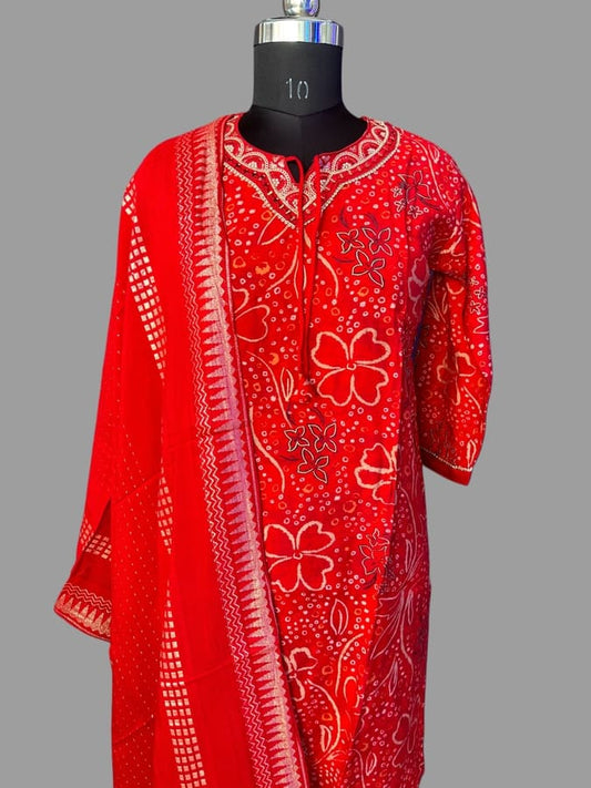 Red Pure Maslin Suit Set with Banarasi Dupatta