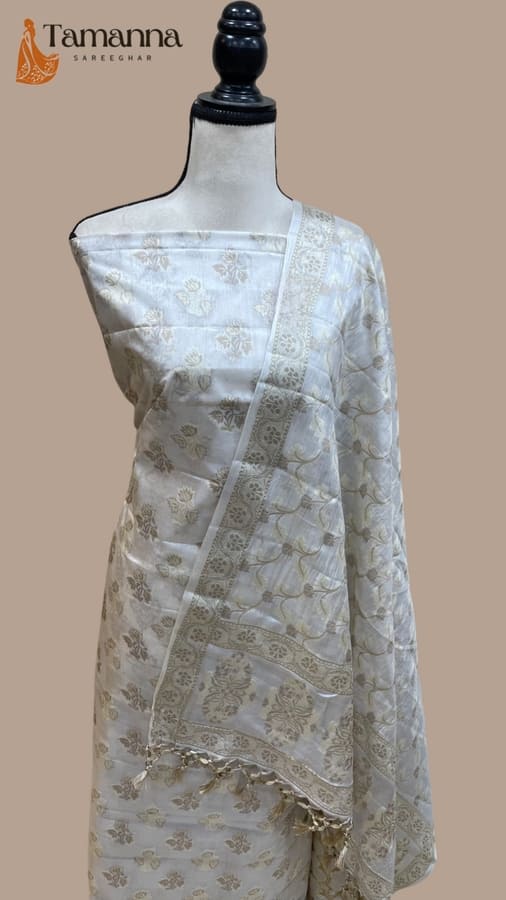 White Pure Tussar Silk Banarasi Dress Material