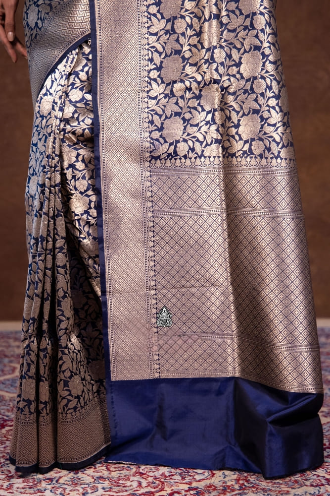 Navy Blue Pure Katan Silk Banarasi Handloom Saree- Tanchui Brocade