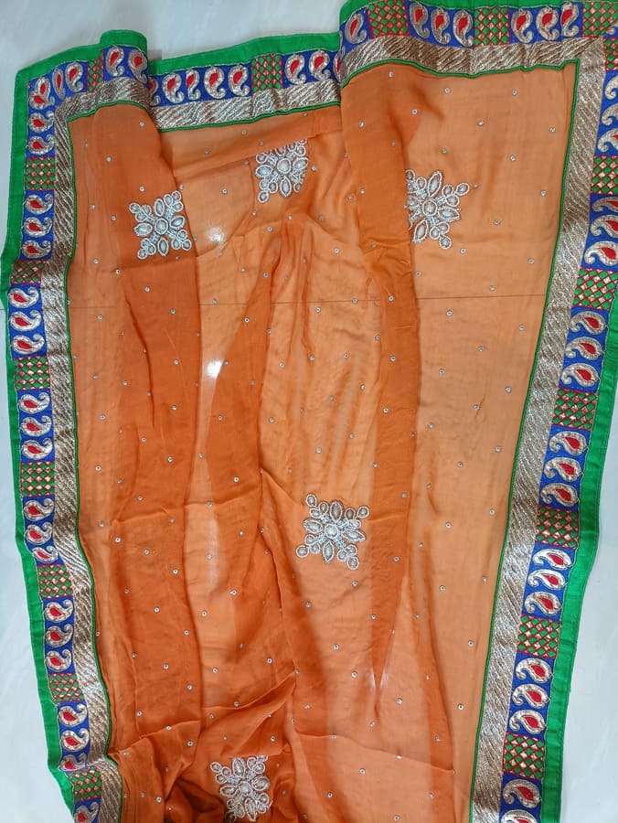 Orange Pure Georgette Saree with Stone and Pearl work