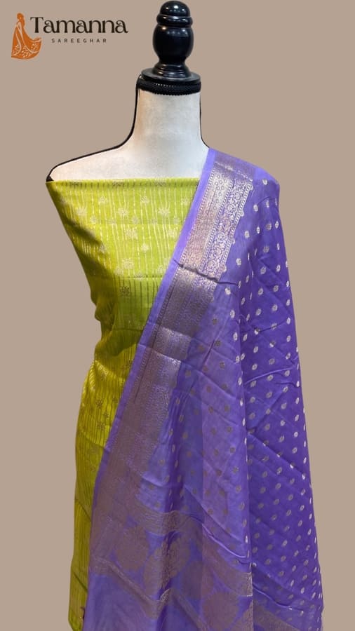 Green Pure Chanderi Cotton Banarasi Dress Material