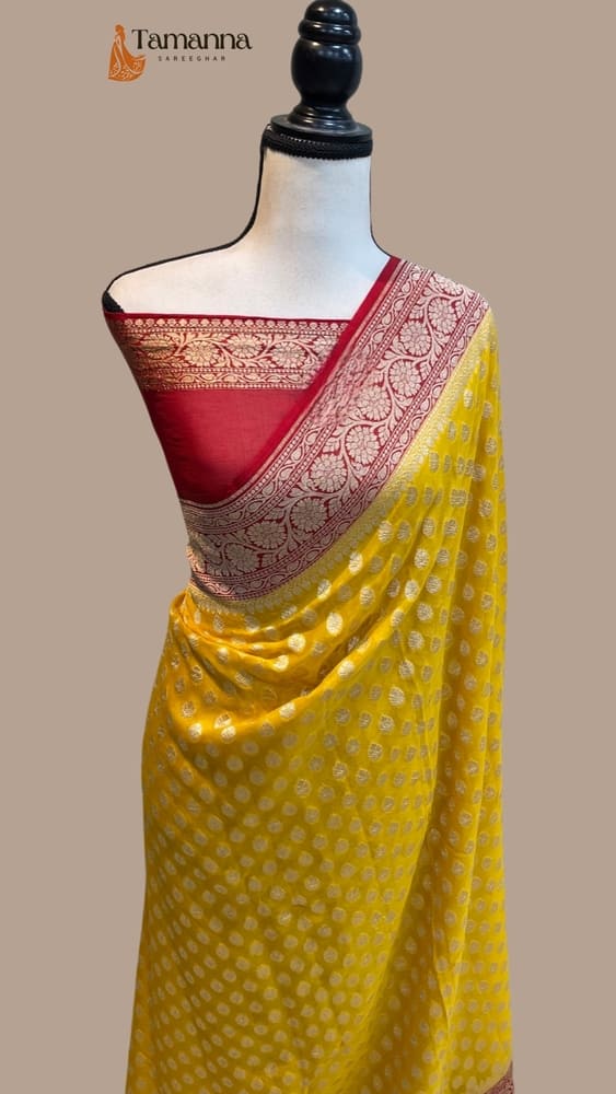 Yellow Pure Khaddi Georgette Handloom Banarasi Saree- Gold Zari