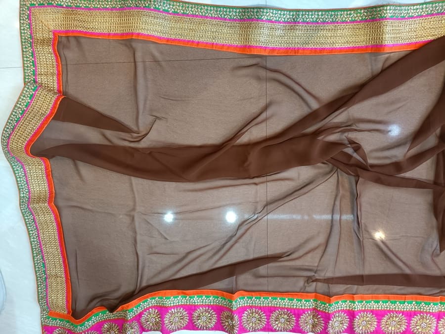 Brown Half & Half Pure Georgette Designer Saree