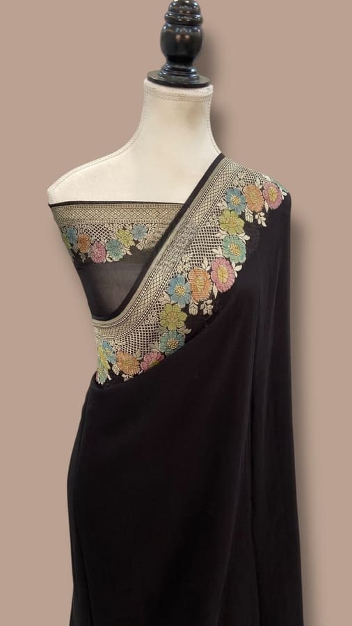 Black Pure Khaddi Georgette Handloom Banarasi Saree- Water Zari