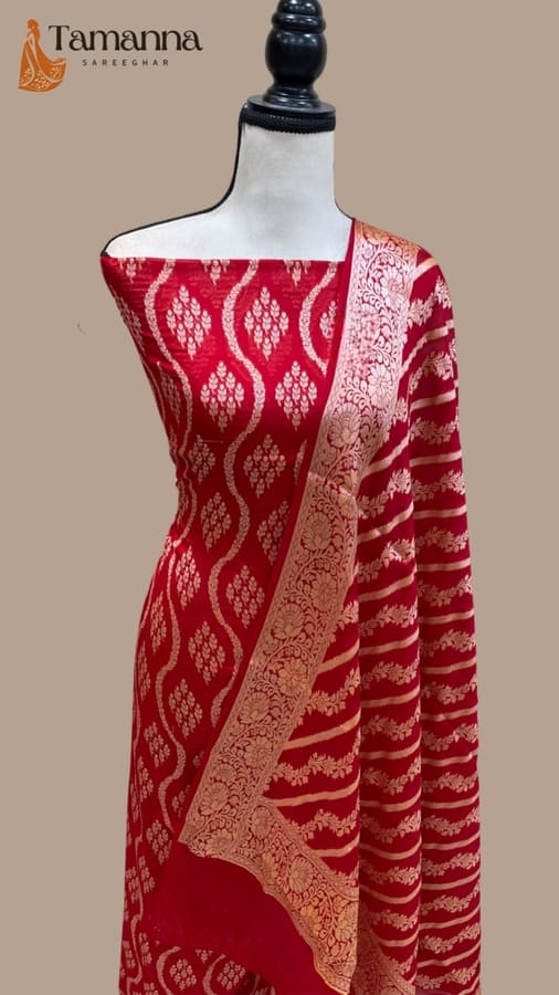 Red Pure Khaddi Chiffon Banarasi Dress Material