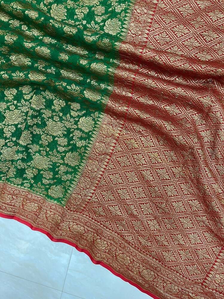 Sea Green Pure Khaddi Georgette Handloom Banarasi Saree- Antique Zari