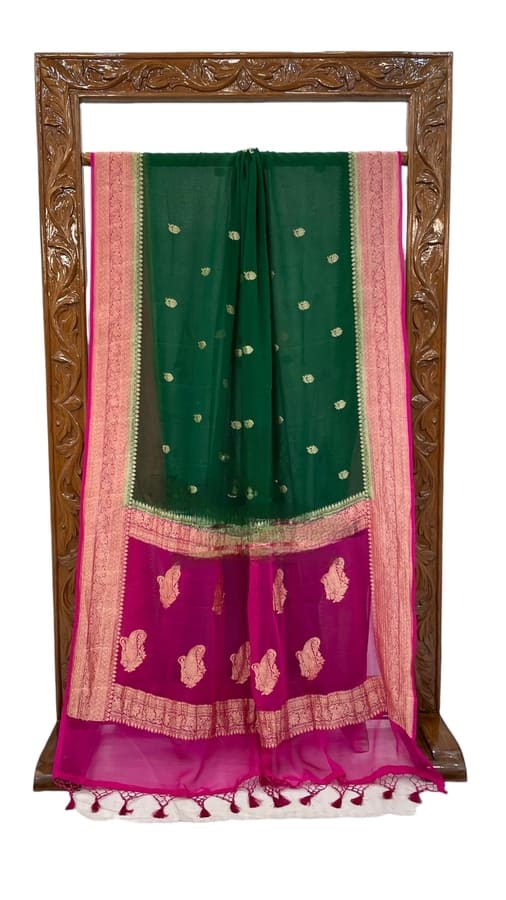 Dark Green Khaddi Georgette Banarasi Saree- Gold Zari I Tamanna Saree