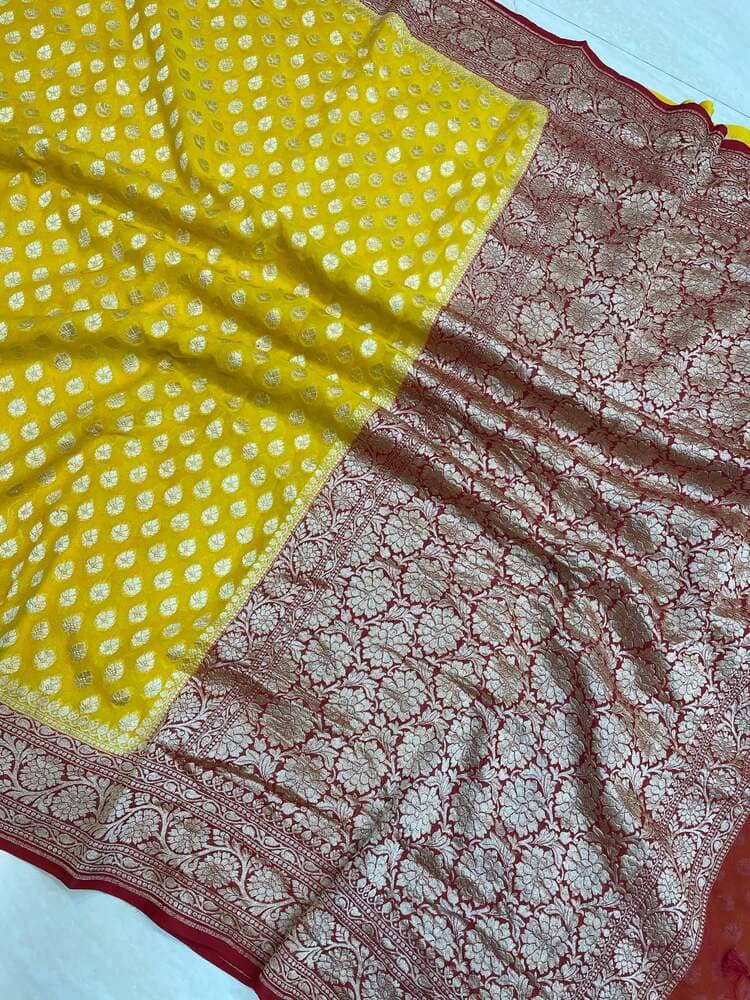 Yellow Pure Khaddi Georgette Handloom Banarasi Saree- Gold Zari