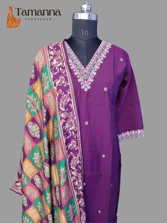 Purple Pure Silk Suit Set with Maslin Dupatta