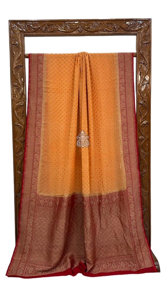Mustard Pure Khaddi Georgette Handloom Banarasi Saree- Antique Zari