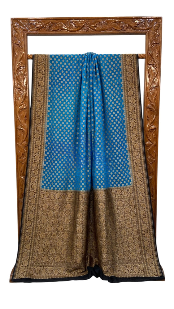 German Blue Pure Khaddi Georgette Handloom Banarasi Saree- Antique Zari