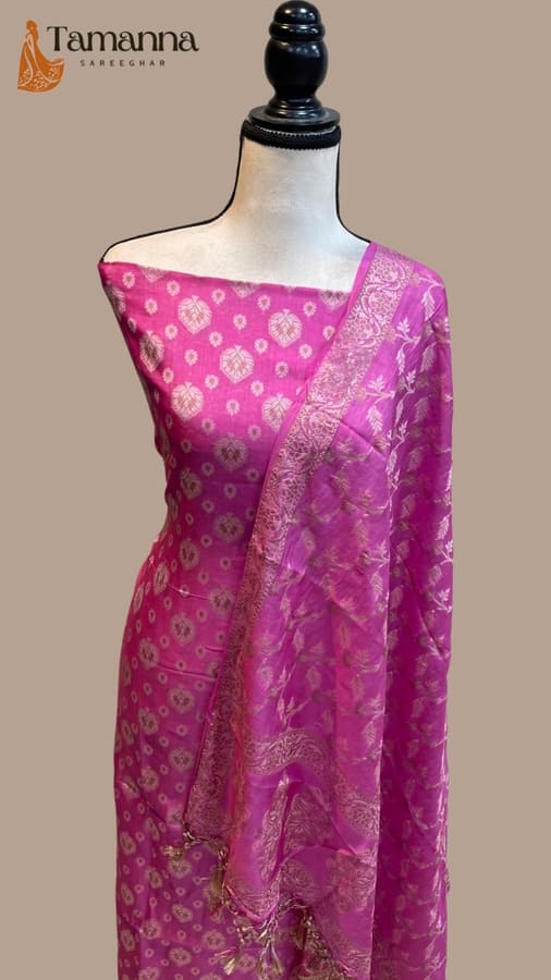 Pink Pure Butter Silk Banarasi Dress Material