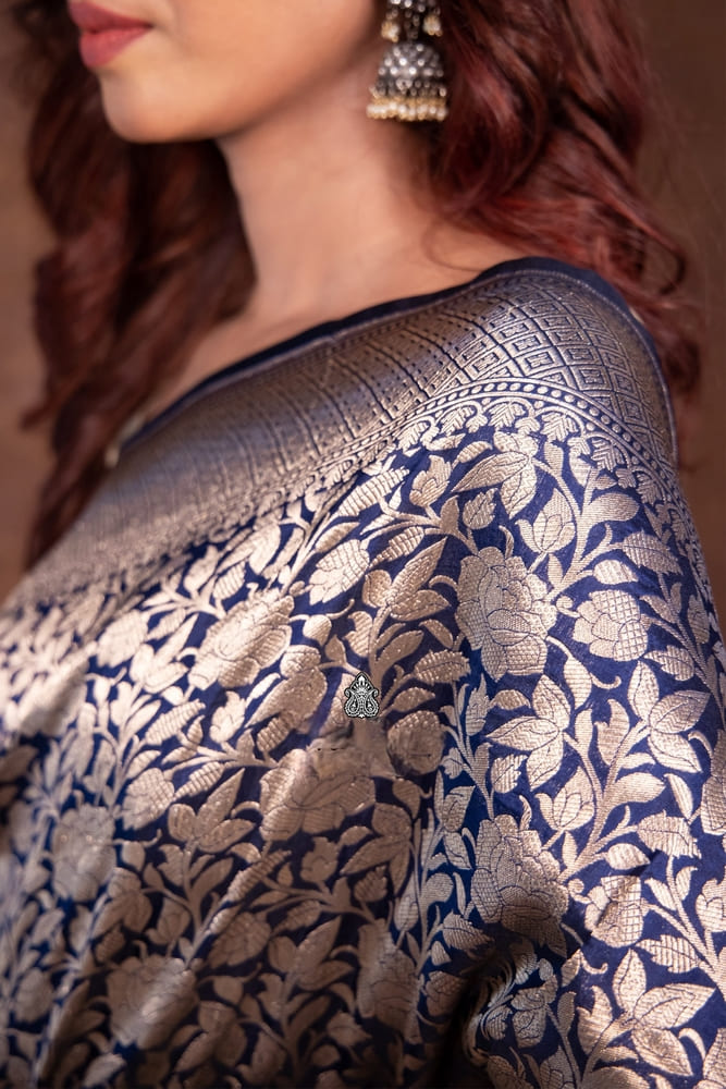 Navy Blue Pure Katan Silk Banarasi Handloom Saree- Tanchui Brocade