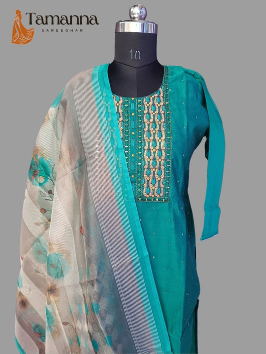 Pure Chanderi Silk Suit Set with Organza Dupatta