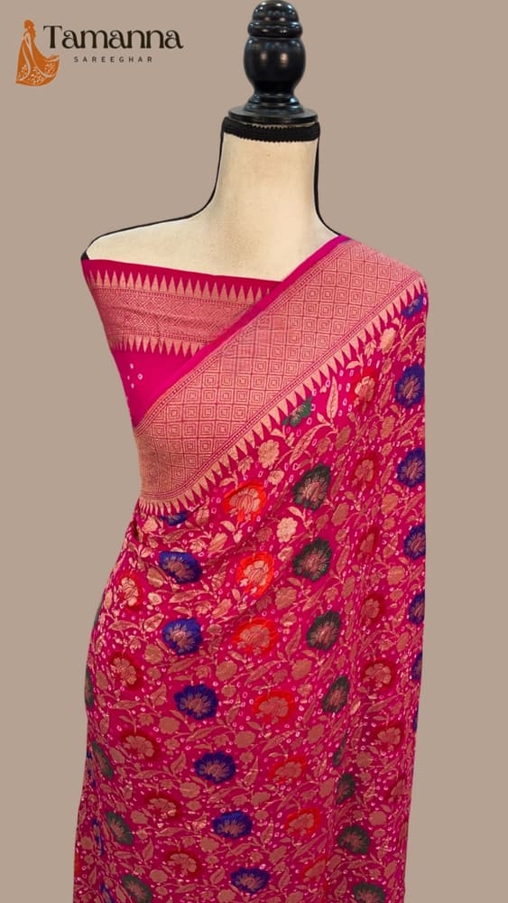 Hot Pink Pure Georgette Handloom Banarasi Bandhej Saree- with Meenakari work