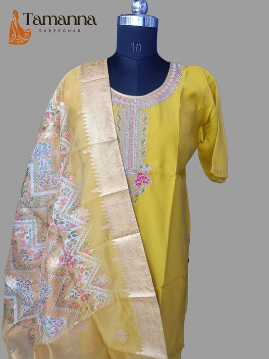 Yellow Pure Silk Suit Set with Organza Banarasi Chunni