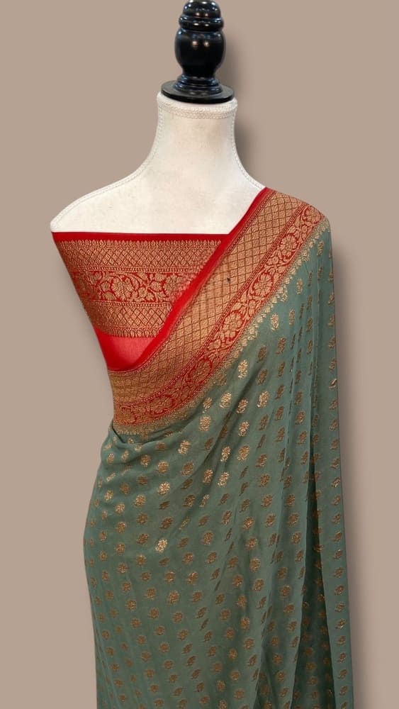 Grey Pure Khaddi Georgette Handloom Banarasi Saree- Antique Zari