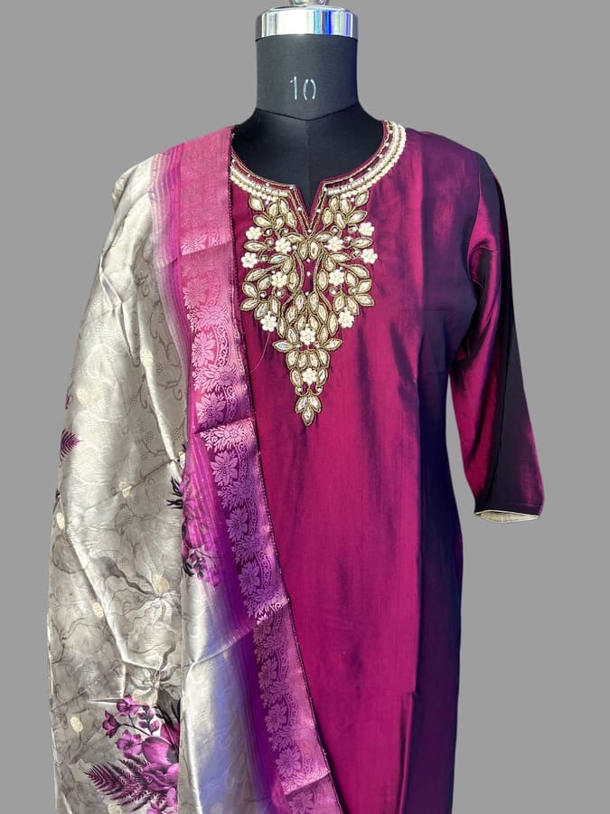 Magenta Silk Suit Set with Organza Banarasi Dupatta
