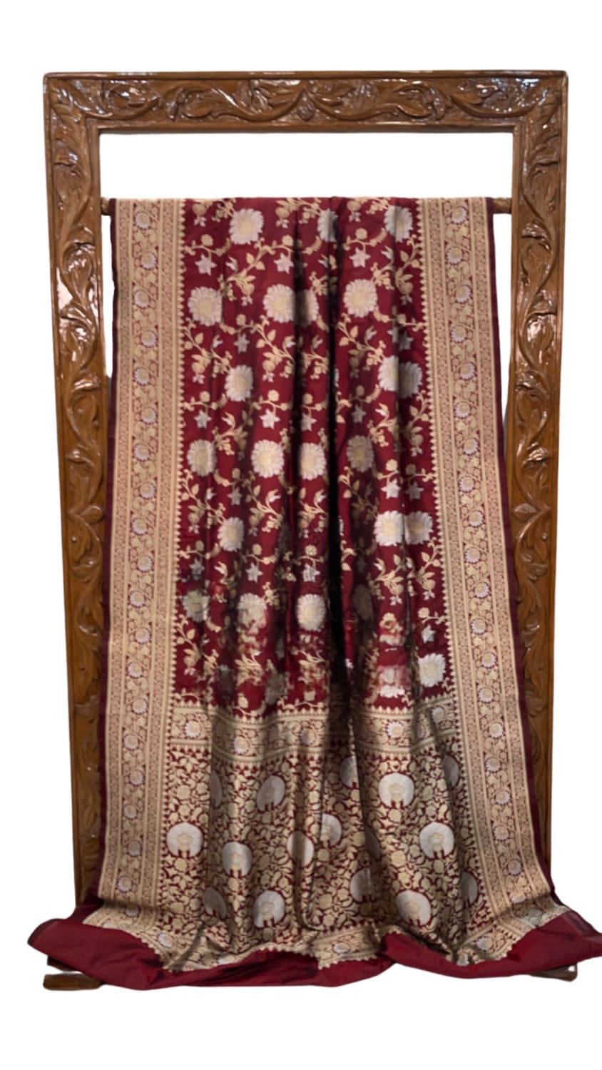 Maroon Pure Katan Silk Banarasi Handloom Saree - All Over Sona Roopa Jaal work