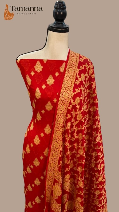 Hot Red Pure Khaddi Chiffon Banarasi Dress Material