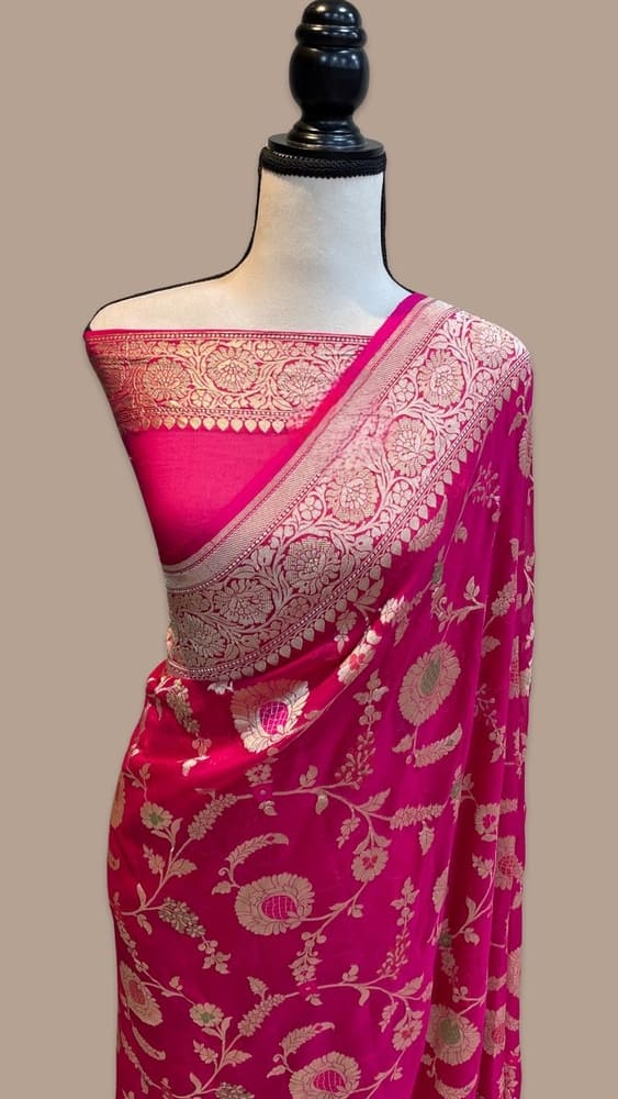 Hot Pink Khaddi Georgette Handloom Saree- All Over Jaal Work Meenakari