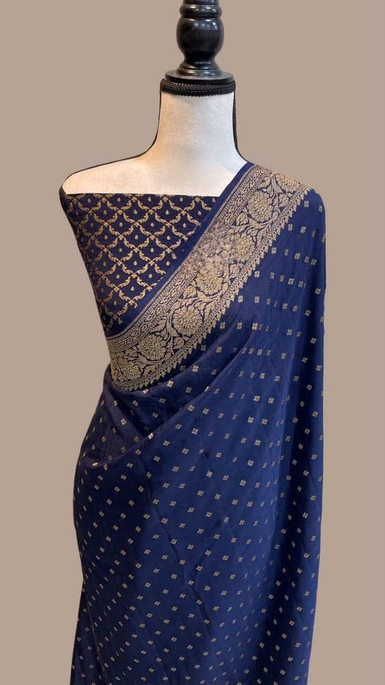 Navy Blue Pure Khaddi Crepe Georgette Handloom Banarasi Saree- Antique Zari