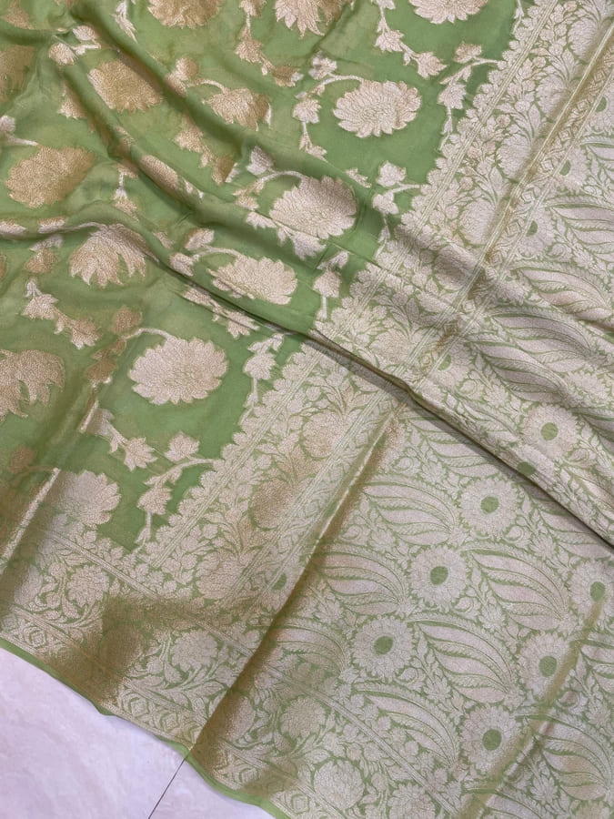Pista Green Pure Khaddi Chiffon Handloom Banarasi Saree