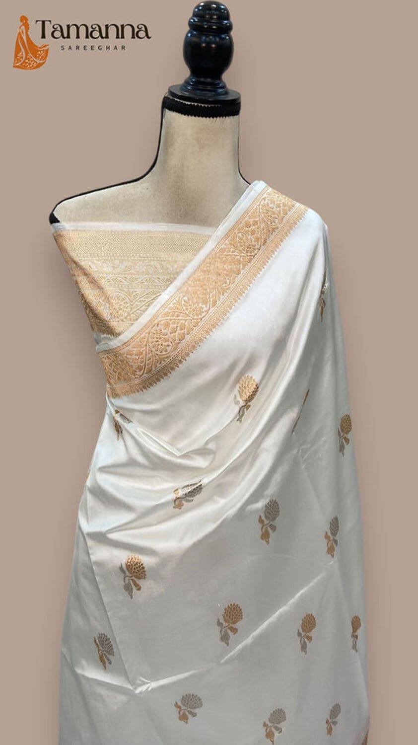 Off White Pure Katan Silk Handloom Banarasi Saree- All over Kadua Motifs