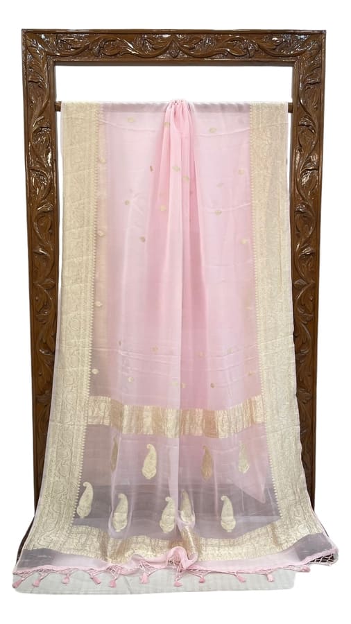Baby Pink Pure Georgette Handloom Banarasi Saree- Water Zari