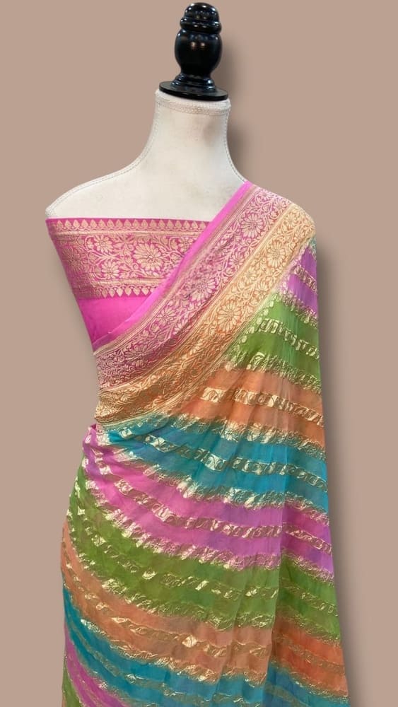 Multi Shaded Pure Khaddi Georgette Handloom Banarasi Saree With Water Zari