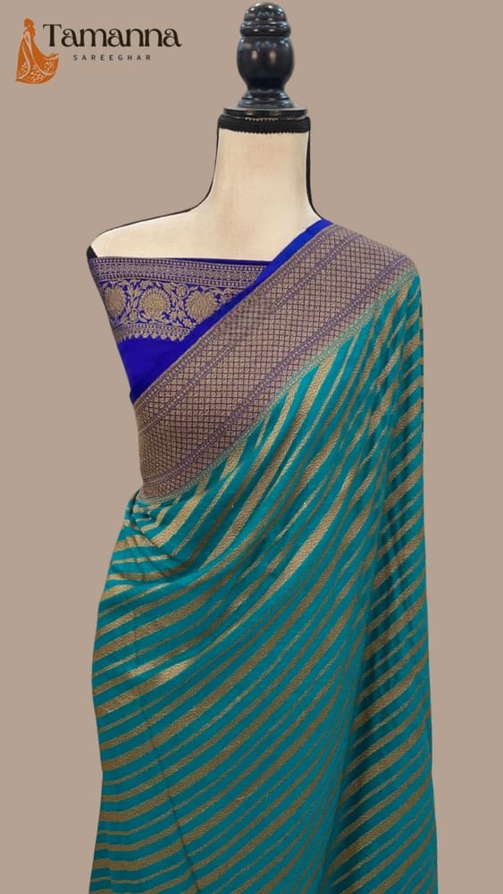 Turquoise Pure Khaddi Georgette Handloom Banarasi Saree- Antique Zari