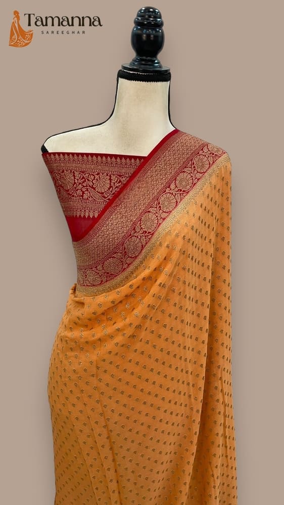 Mustard Pure Khaddi Georgette Handloom Banarasi Saree- Antique Zari
