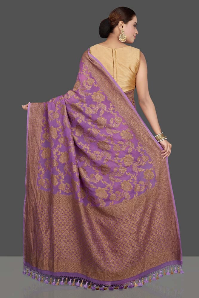 Lavender Pure Khaddi Georgette Handloom Banarasi Saree- Antique Zari